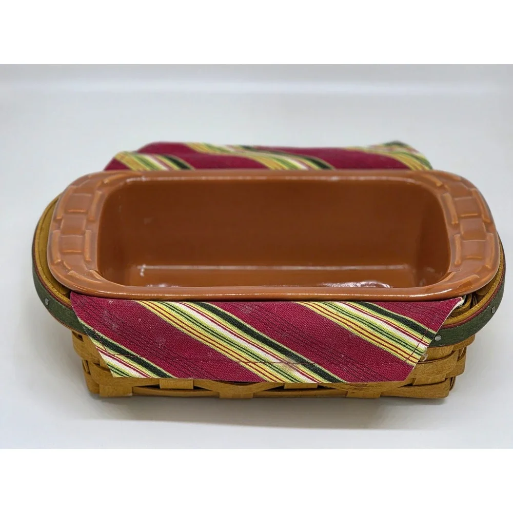 Longaberger Holiday Helper Basket Brown Red Striped Liner Pottery Casserole Dish